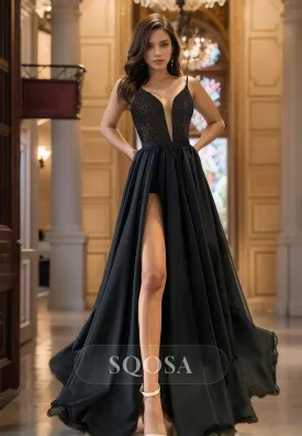 A-Line Deep V-Neck Spaghetti Straps Sleeveless Prom Dress Sequined Pleated Evening Gowns