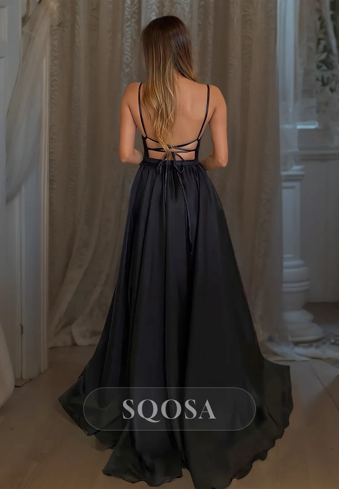 A-Line Deep V-Neck Spaghetti Straps Sleeveless Prom Dress Sequined Pleated Evening Gowns