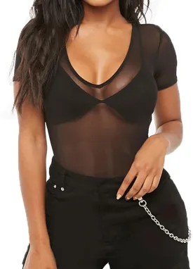 Allchic Womens Short Sleeve Sheer Mesh Tops Sexy See Through Tee Blouse Clubwears