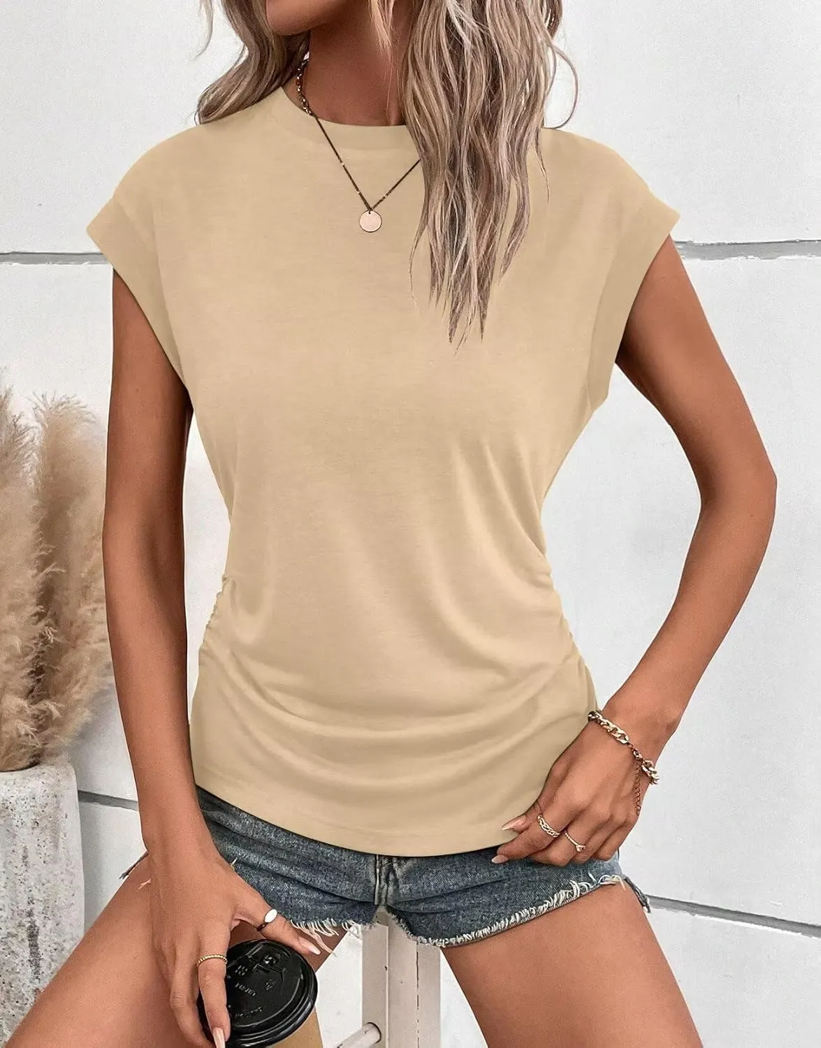 Bliwov Womens Summer Cap Sleeve Tops Business Casual Crewneck T Shirts Trendy Outfits Beach Vacation Clothes Fashion Blouses