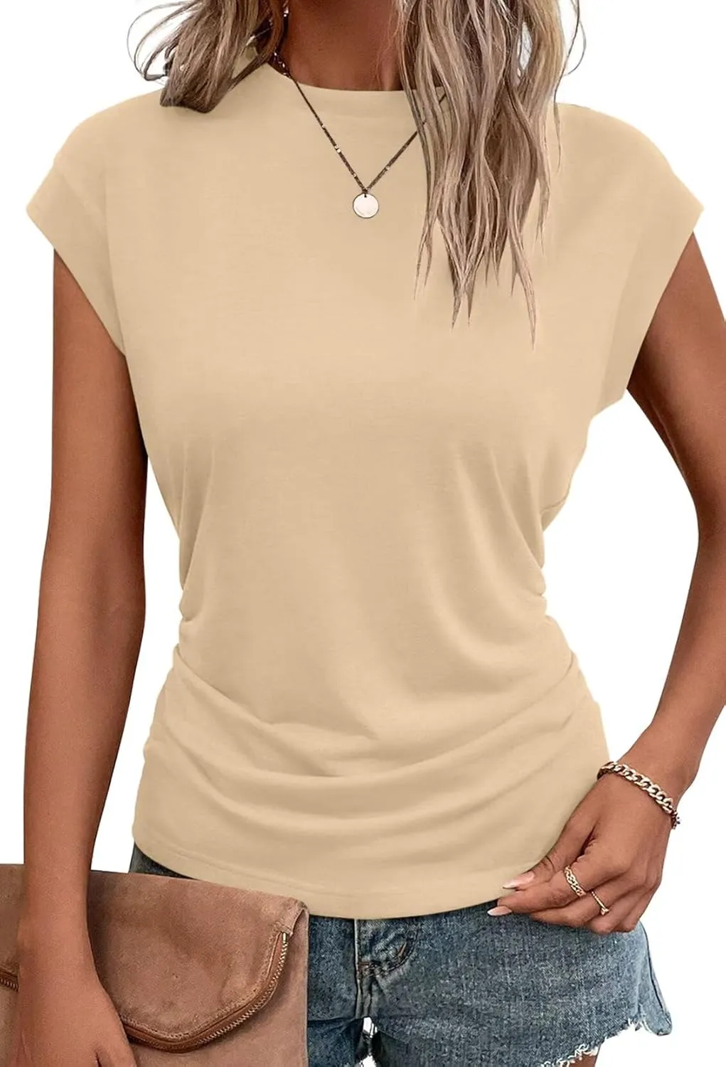 Bliwov Womens Summer Cap Sleeve Tops Business Casual Crewneck T Shirts Trendy Outfits Beach Vacation Clothes Fashion Blouses