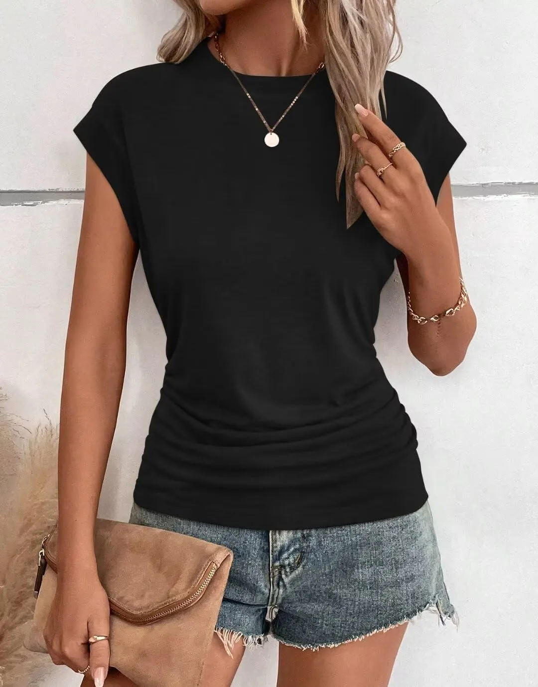 Bliwov Womens Summer Cap Sleeve Tops Business Casual Crewneck T Shirts Trendy Outfits Beach Vacation Clothes Fashion Blouses