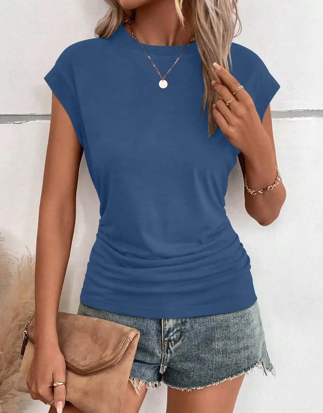 Bliwov Womens Summer Cap Sleeve Tops Business Casual Crewneck T Shirts Trendy Outfits Beach Vacation Clothes Fashion Blouses