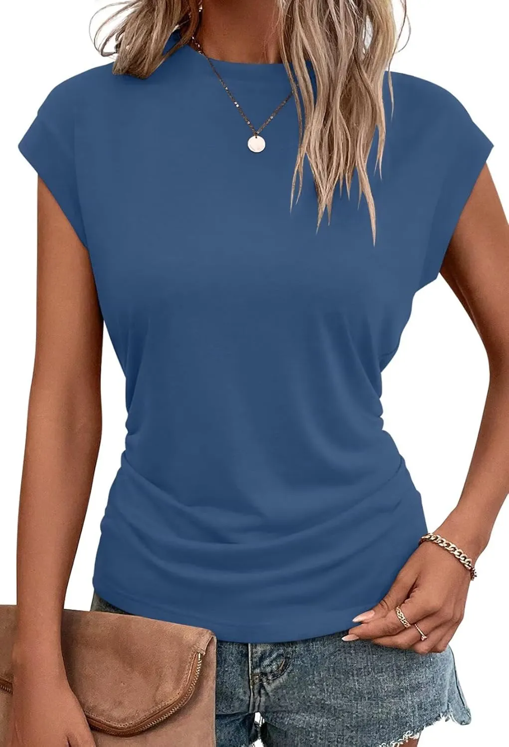 Bliwov Womens Summer Cap Sleeve Tops Business Casual Crewneck T Shirts Trendy Outfits Beach Vacation Clothes Fashion Blouses