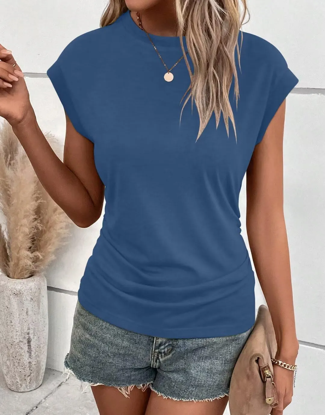 Bliwov Womens Summer Cap Sleeve Tops Business Casual Crewneck T Shirts Trendy Outfits Beach Vacation Clothes Fashion Blouses