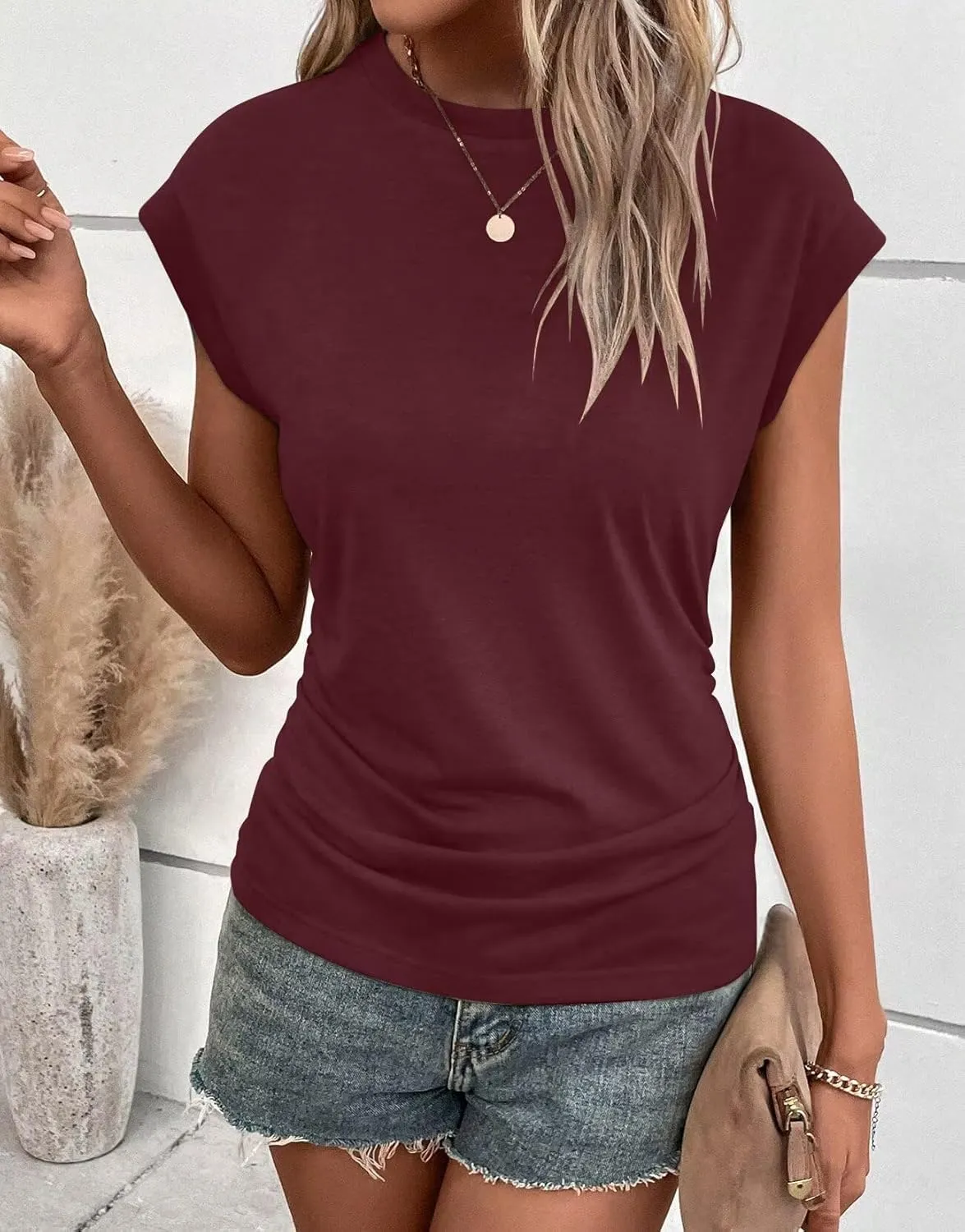 Bliwov Womens Summer Cap Sleeve Tops Business Casual Crewneck T Shirts Trendy Outfits Beach Vacation Clothes Fashion Blouses