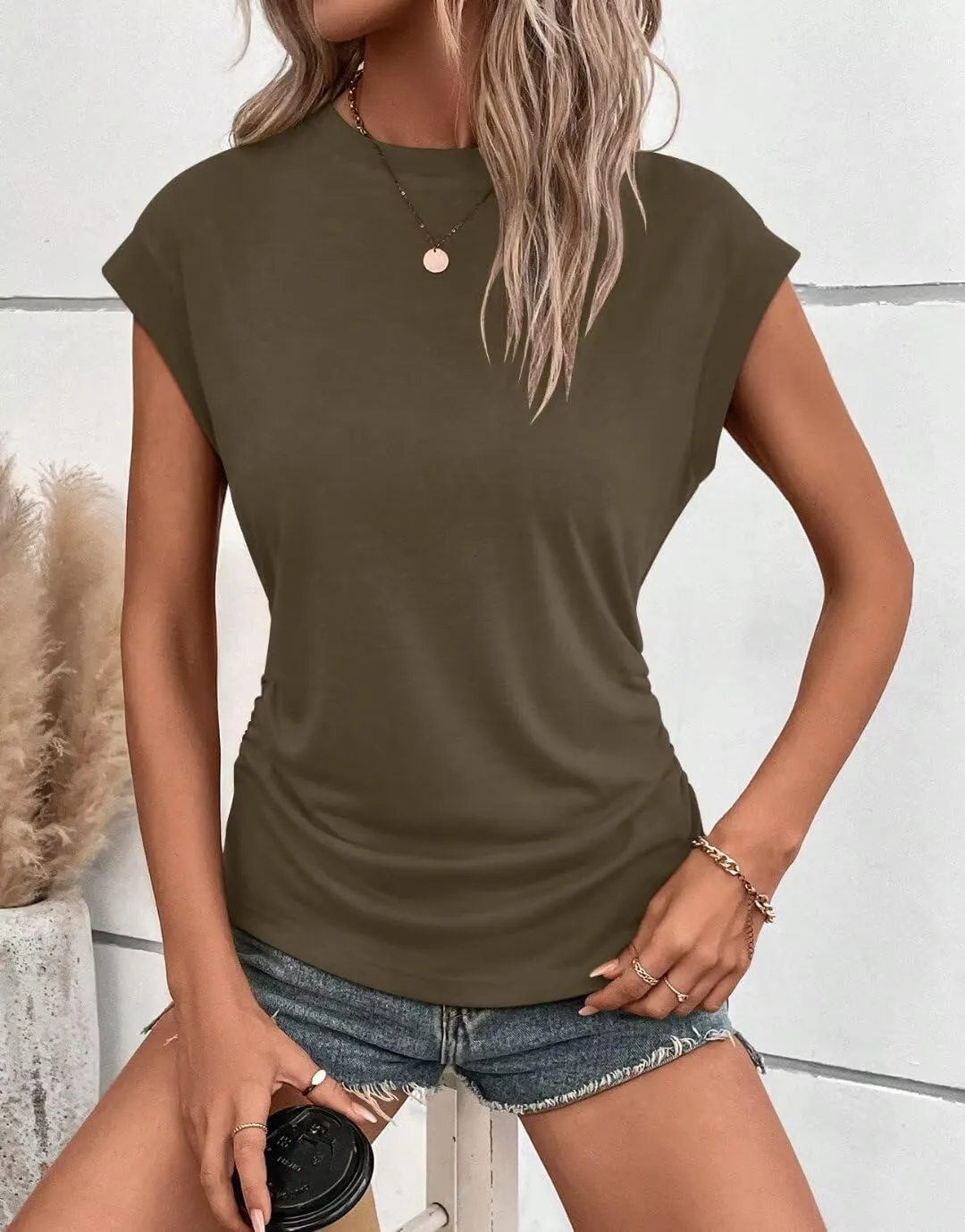 Bliwov Womens Summer Cap Sleeve Tops Business Casual Crewneck T Shirts Trendy Outfits Beach Vacation Clothes Fashion Blouses