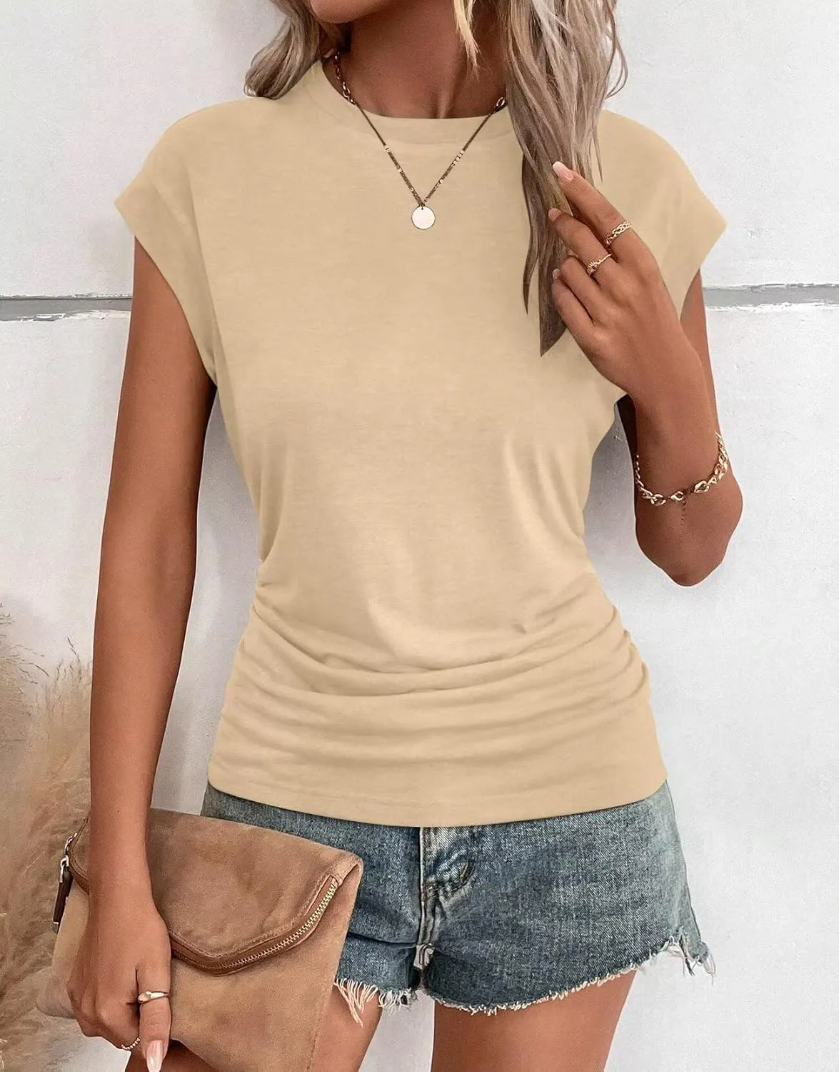 Bliwov Womens Summer Cap Sleeve Tops Business Casual Crewneck T Shirts Trendy Outfits Beach Vacation Clothes Fashion Blouses