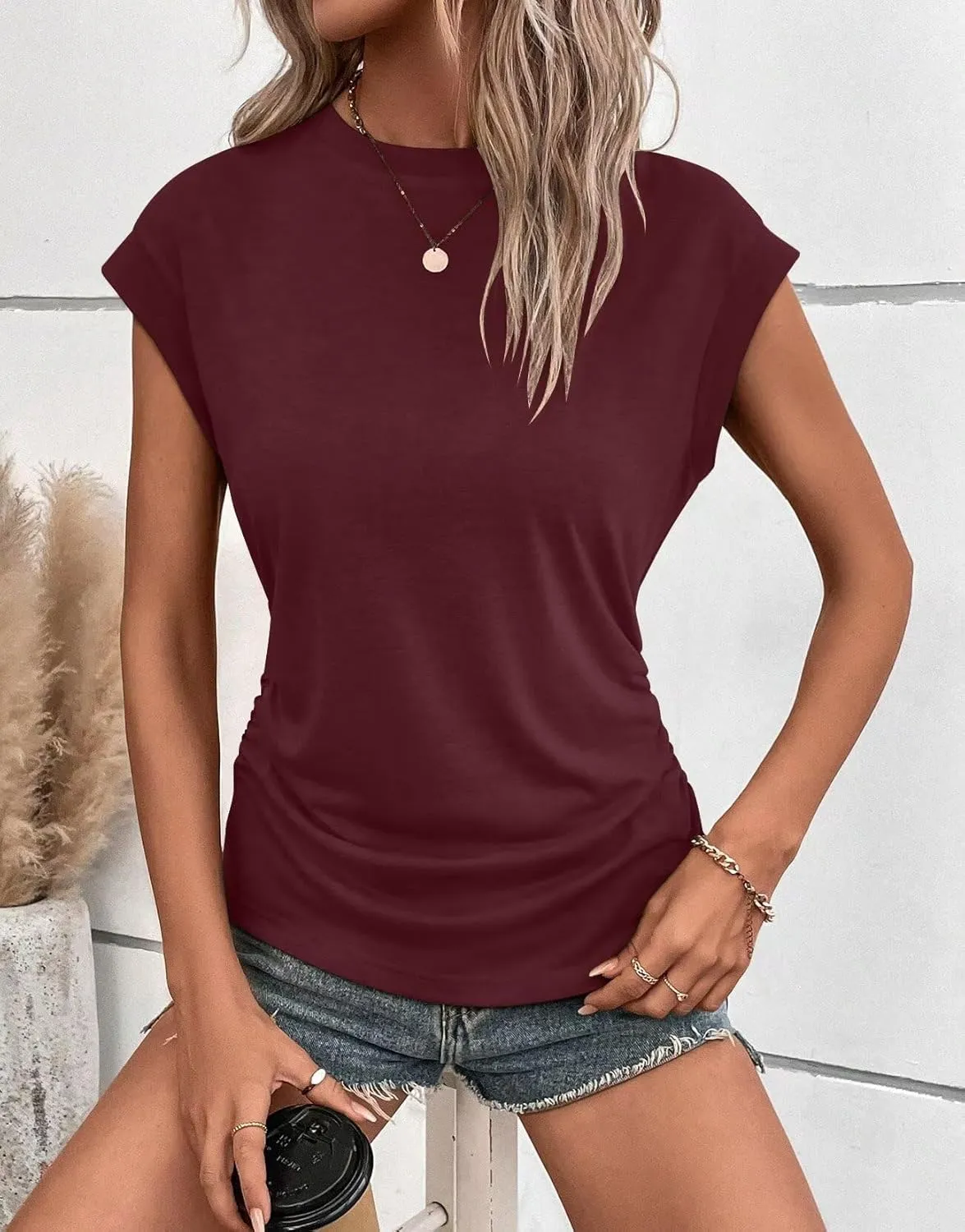 Bliwov Womens Summer Cap Sleeve Tops Business Casual Crewneck T Shirts Trendy Outfits Beach Vacation Clothes Fashion Blouses