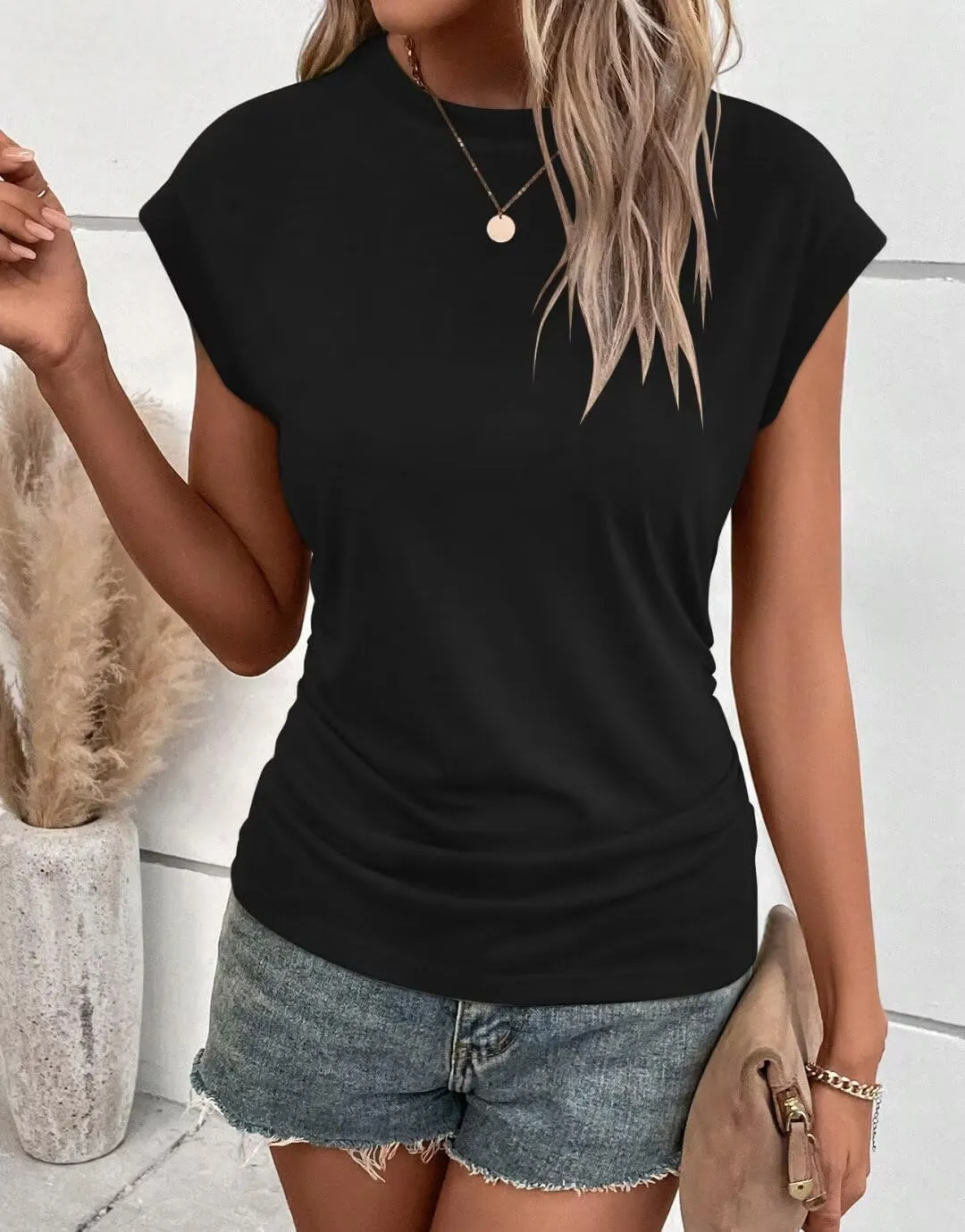 Bliwov Womens Summer Cap Sleeve Tops Business Casual Crewneck T Shirts Trendy Outfits Beach Vacation Clothes Fashion Blouses