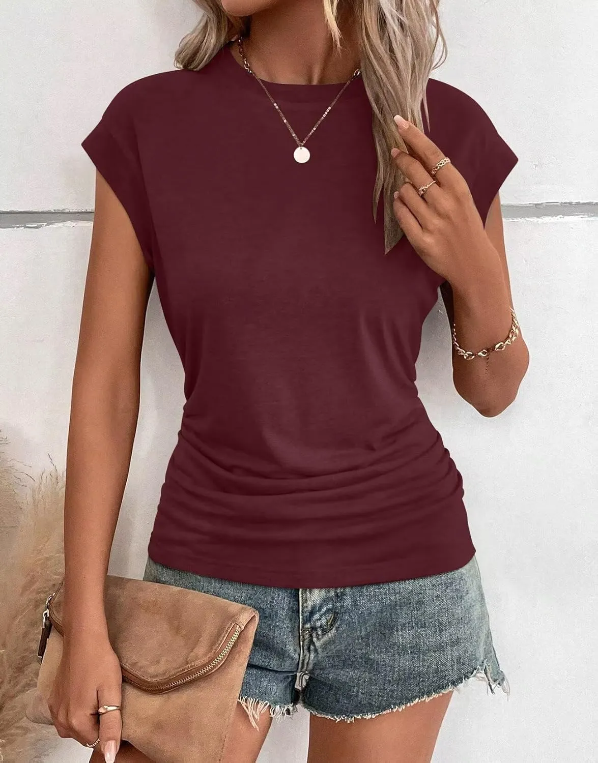 Bliwov Womens Summer Cap Sleeve Tops Business Casual Crewneck T Shirts Trendy Outfits Beach Vacation Clothes Fashion Blouses