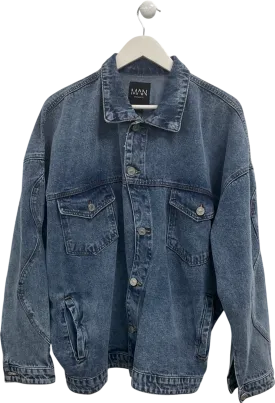 boohooMan Blue Oversized Overdyed Curved Placket Denim UK L