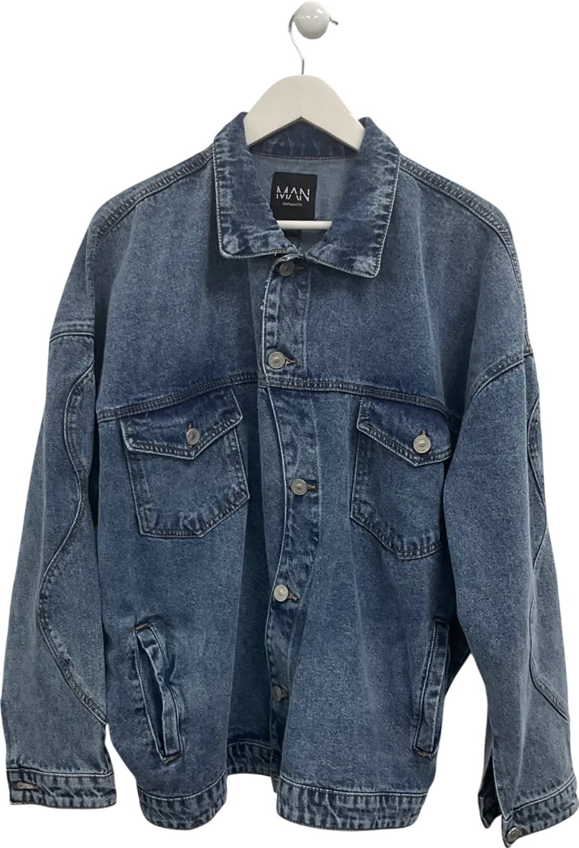 boohooMan Blue Oversized Overdyed Curved Placket Denim UK L