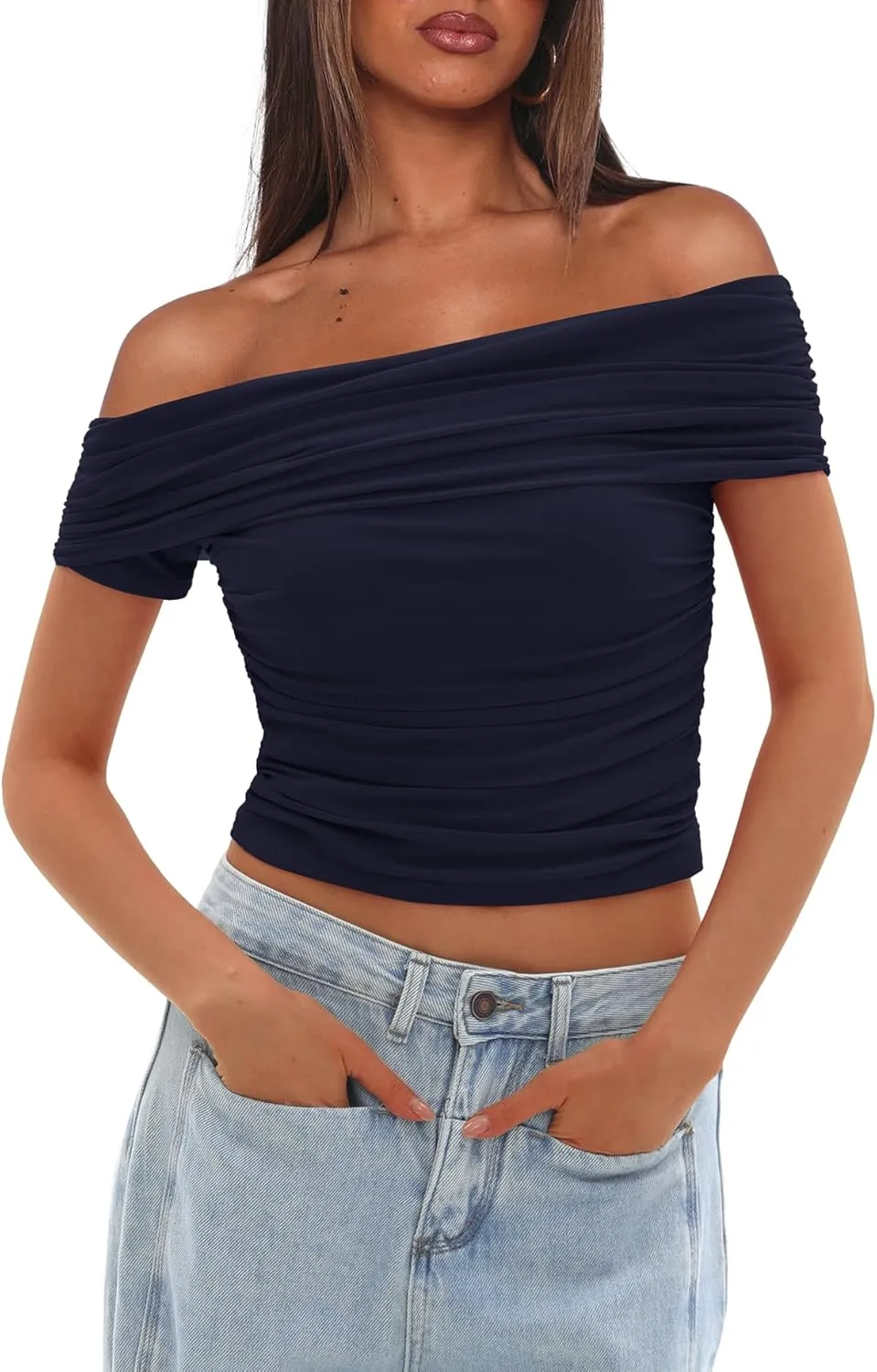 Darong Women Mesh Off The Shoulder Top Short Sleeve Double Lined Ruched Shirts Trendy Going Out Tops Summer Fashion Clothes