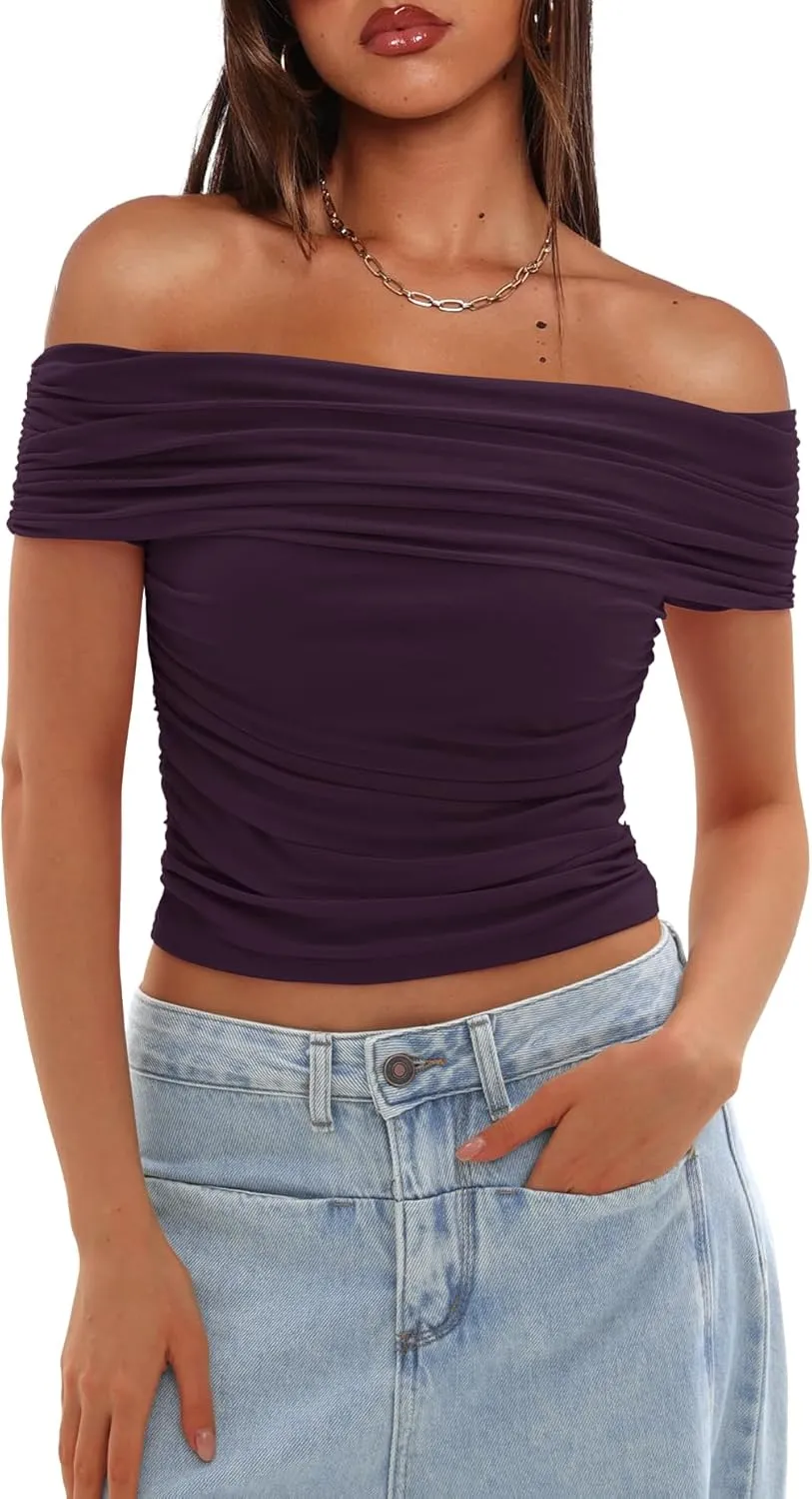 Darong Women Mesh Off The Shoulder Top Short Sleeve Double Lined Ruched Shirts Trendy Going Out Tops Summer Fashion Clothes