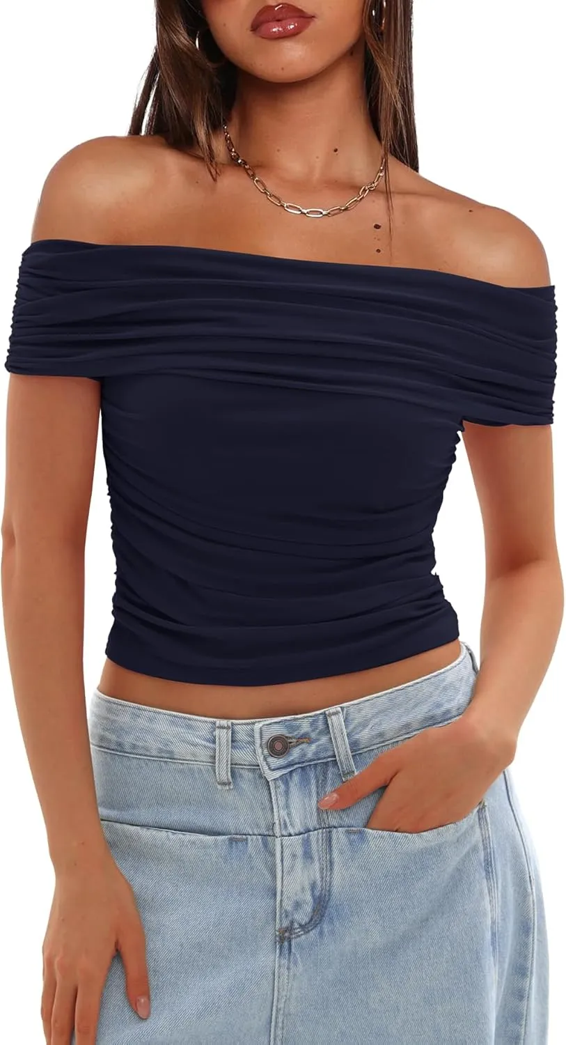 Darong Women Mesh Off The Shoulder Top Short Sleeve Double Lined Ruched Shirts Trendy Going Out Tops Summer Fashion Clothes