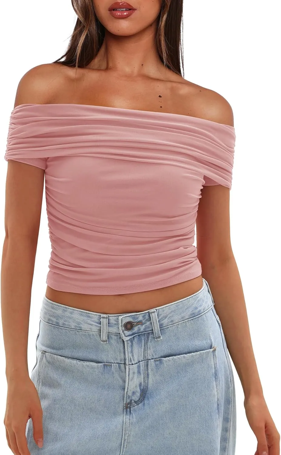 Darong Women Mesh Off The Shoulder Top Short Sleeve Double Lined Ruched Shirts Trendy Going Out Tops Summer Fashion Clothes