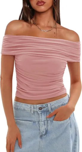 Darong Women Mesh Off The Shoulder Top Short Sleeve Double Lined Ruched Shirts Trendy Going Out Tops Summer Fashion Clothes