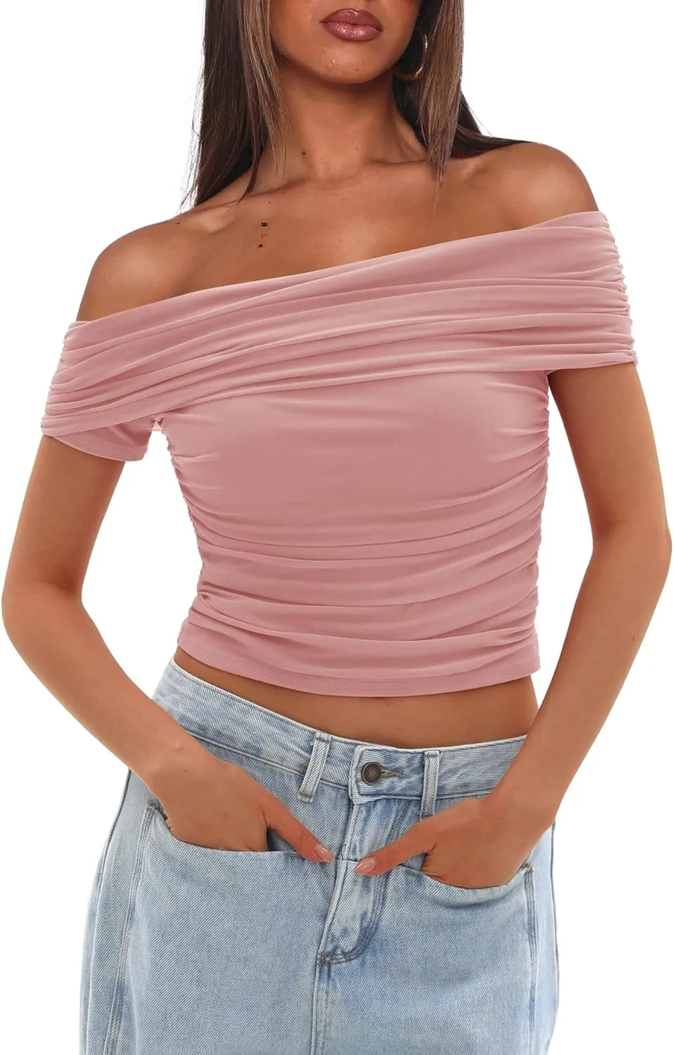 Darong Women Mesh Off The Shoulder Top Short Sleeve Double Lined Ruched Shirts Trendy Going Out Tops Summer Fashion Clothes