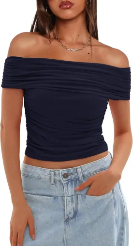 Darong Women Mesh Off The Shoulder Top Short Sleeve Double Lined Ruched Shirts Trendy Going Out Tops Summer Fashion Clothes