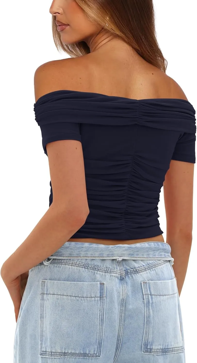 Darong Women Mesh Off The Shoulder Top Short Sleeve Double Lined Ruched Shirts Trendy Going Out Tops Summer Fashion Clothes
