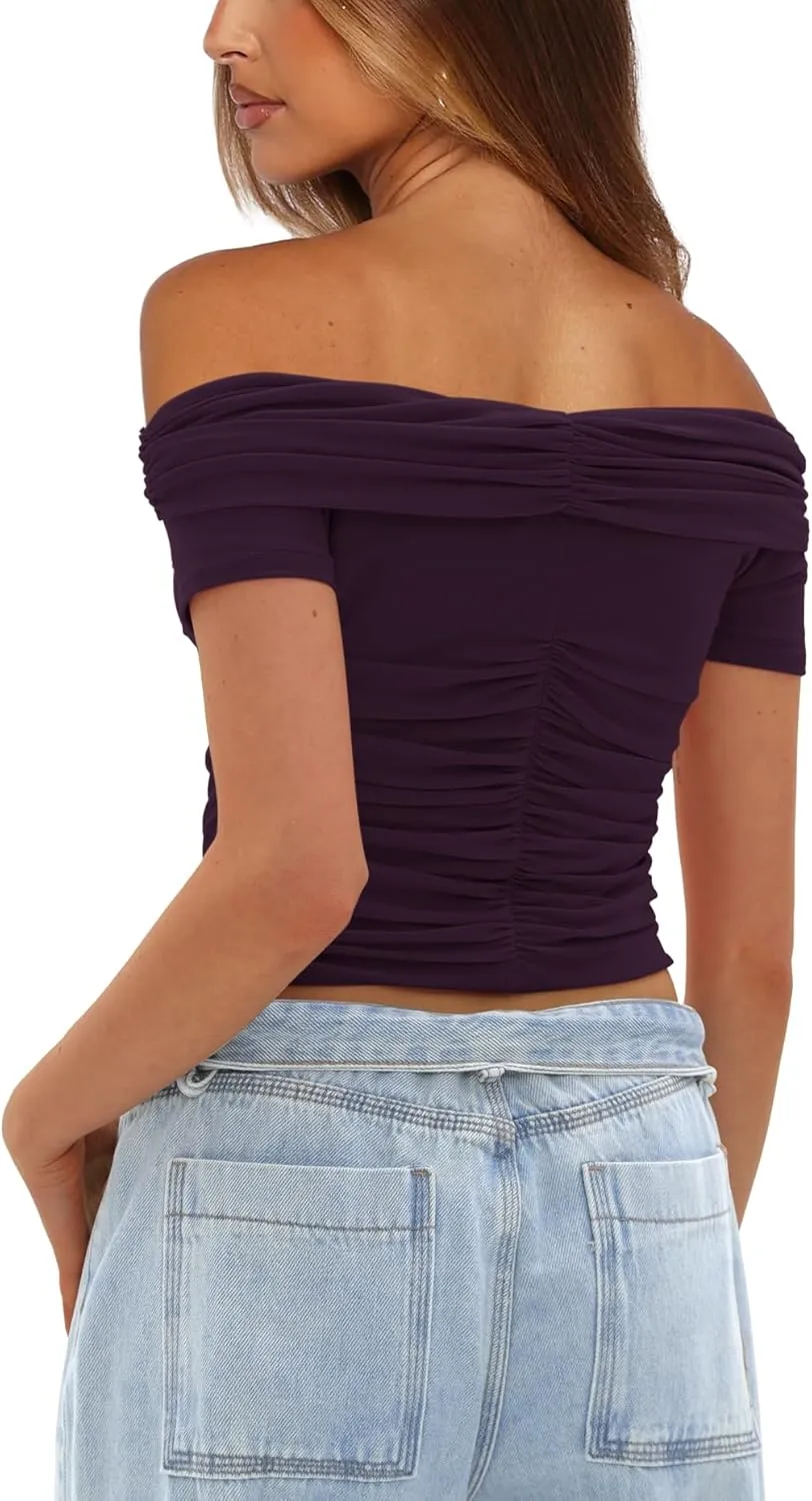 Darong Women Mesh Off The Shoulder Top Short Sleeve Double Lined Ruched Shirts Trendy Going Out Tops Summer Fashion Clothes