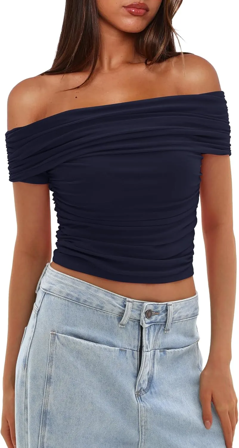 Darong Women Mesh Off The Shoulder Top Short Sleeve Double Lined Ruched Shirts Trendy Going Out Tops Summer Fashion Clothes