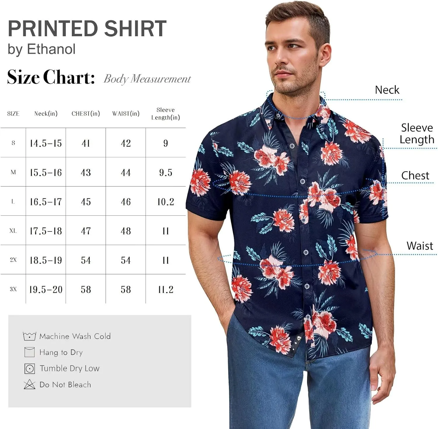 ETHANOL Mens Slim Fit Short Sleeve Button Down Polo Tech Stretch Printed Shirt