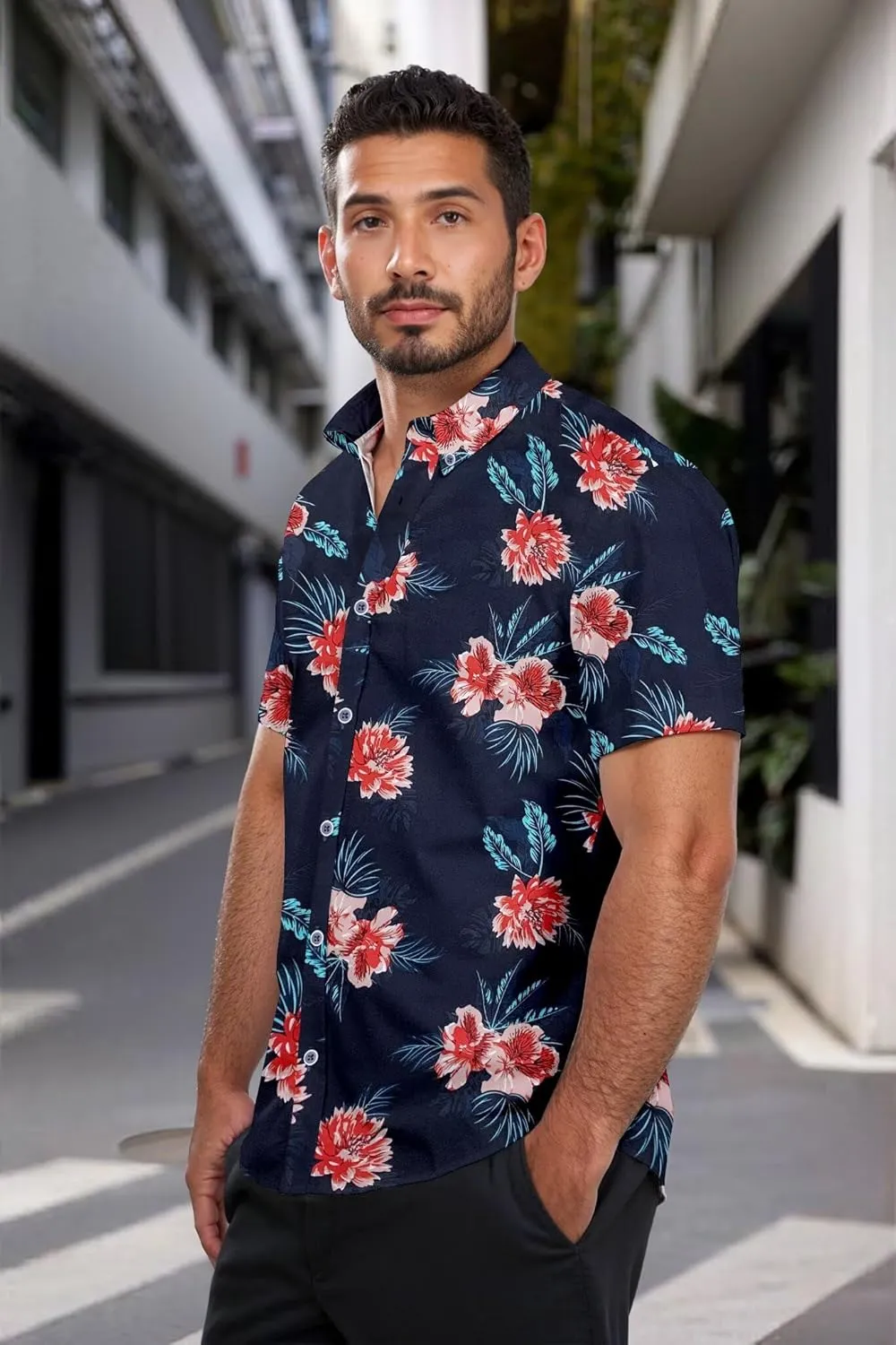 ETHANOL Mens Slim Fit Short Sleeve Button Down Polo Tech Stretch Printed Shirt