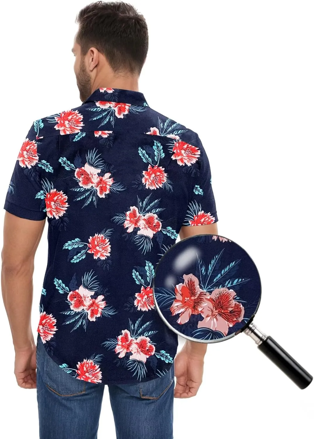 ETHANOL Mens Slim Fit Short Sleeve Button Down Polo Tech Stretch Printed Shirt