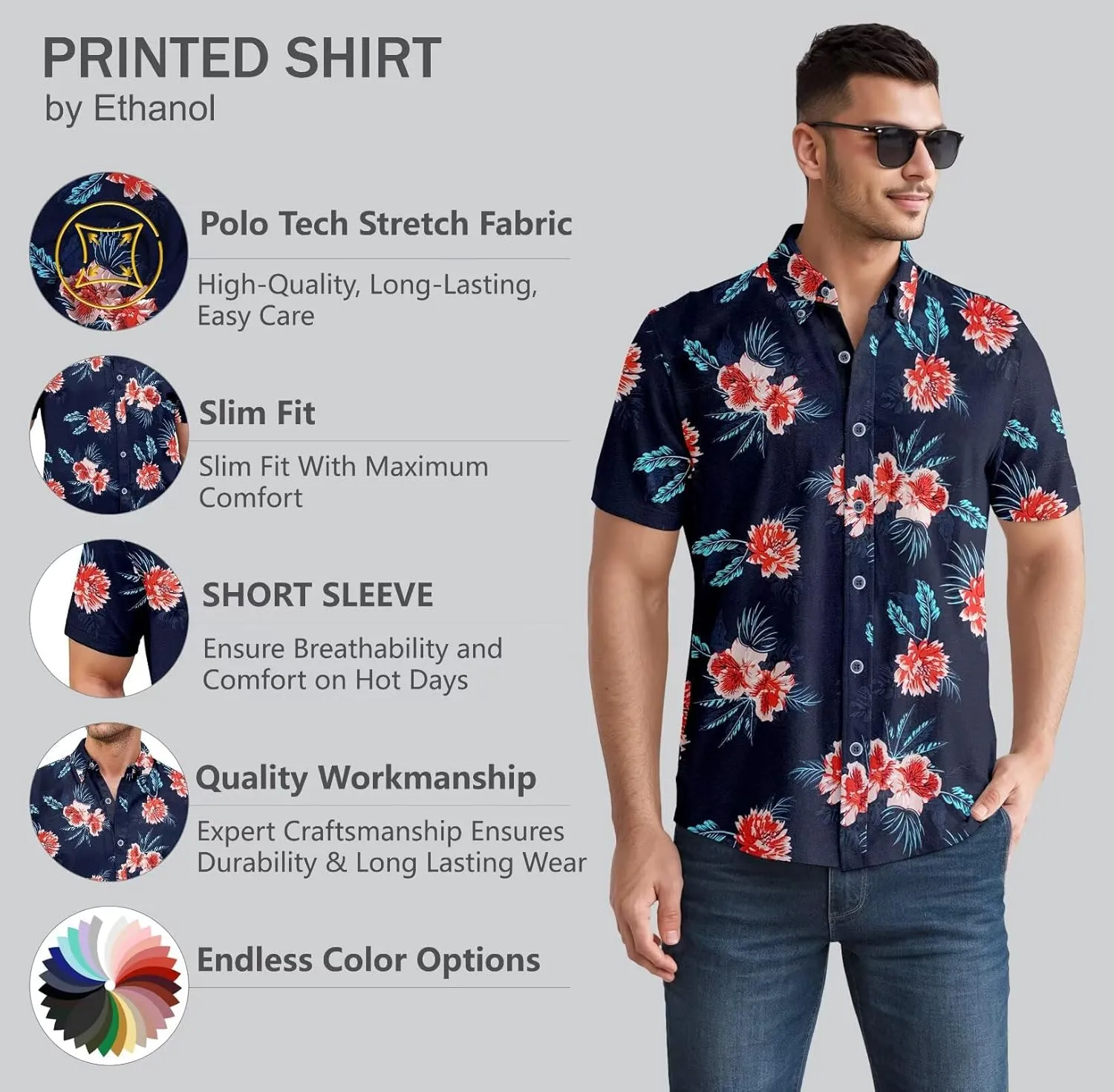 ETHANOL Mens Slim Fit Short Sleeve Button Down Polo Tech Stretch Printed Shirt