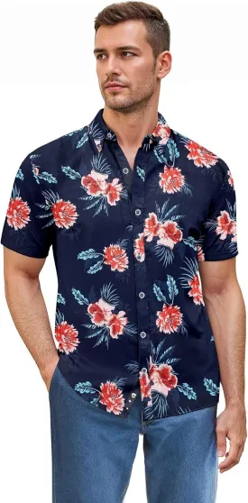 ETHANOL Mens Slim Fit Short Sleeve Button Down Polo Tech Stretch Printed Shirt