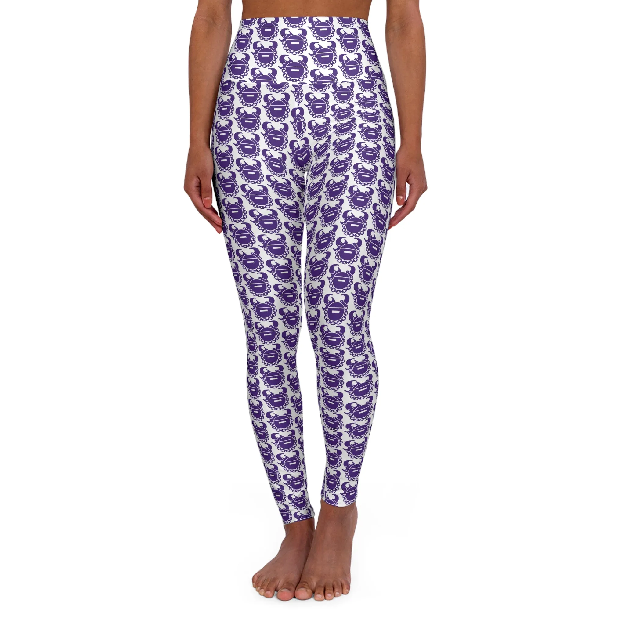 High Waisted Yoga Leggings - White/Purple Helmets