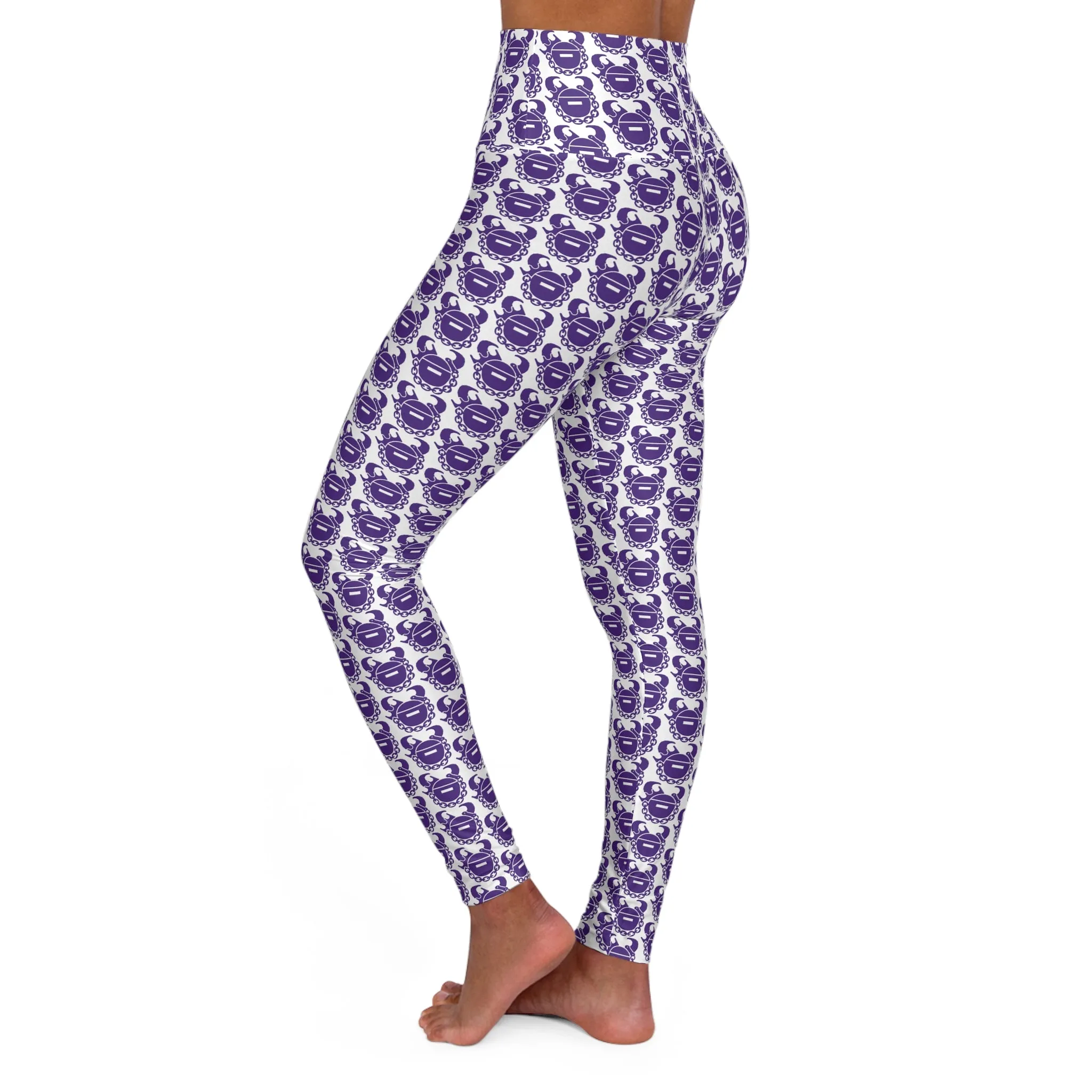 High Waisted Yoga Leggings - White/Purple Helmets