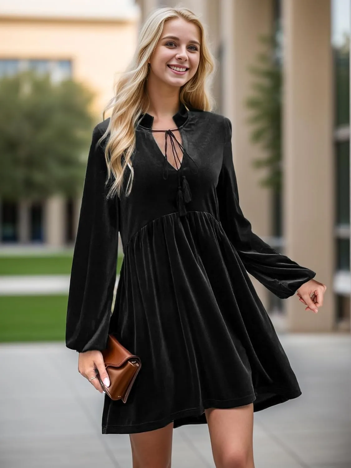 IFFEI Womens Long Sleeve Velvet Dress V-Neck Fall Winter Wedding Guest Mini Dresses for Women 2025