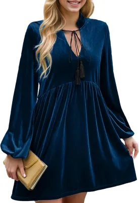IFFEI Womens Long Sleeve Velvet Dress V-Neck Fall Winter Wedding Guest Mini Dresses for Women 2025
