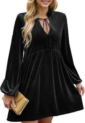 IFFEI Womens Long Sleeve Velvet Dress V-Neck Fall Winter Wedding Guest Mini Dresses for Women 2025