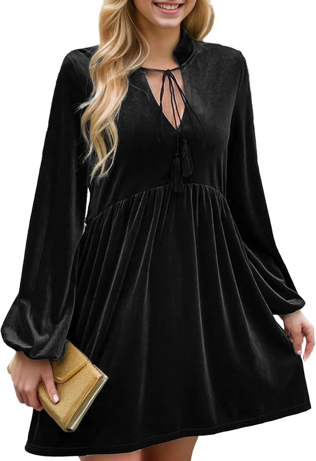 IFFEI Womens Long Sleeve Velvet Dress V-Neck Fall Winter Wedding Guest Mini Dresses for Women 2025
