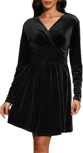 Jayscreate Women's 2024 V Neck Velvet Dress Pocket Long Sleeve Fall Winter Wrap Tunic Short Party Wedding Guest Dress
