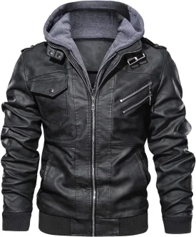 JYG Men's Faux Leather Jacket Stand Collar Motorcycle Bomber Jackets with Removable Hood