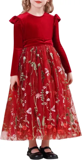 Kids Girls Fall Winter Long Sleeve Velvet Flower Floral Embroidery Ruffle Tulle Tutu Dress Princess Party Dresses