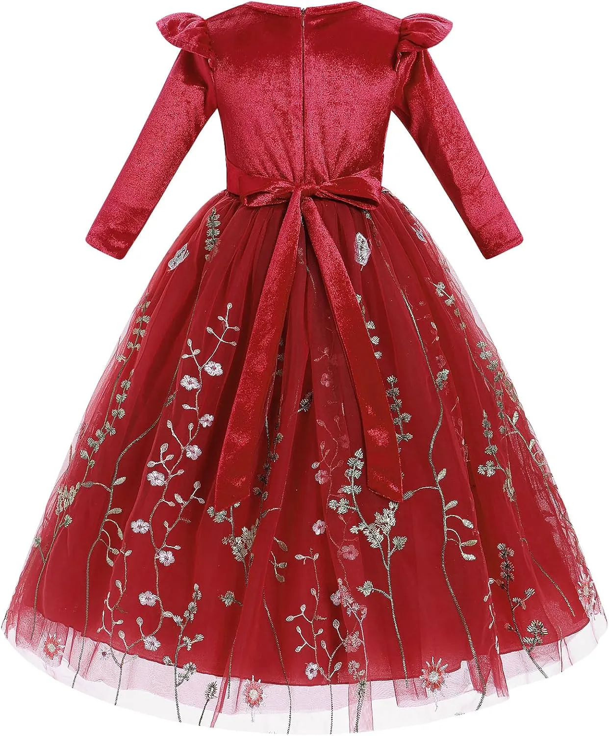 Kids Girls Fall Winter Long Sleeve Velvet Flower Floral Embroidery Ruffle Tulle Tutu Dress Princess Party Dresses