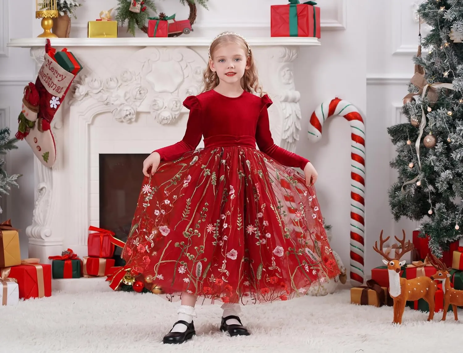 Kids Girls Fall Winter Long Sleeve Velvet Flower Floral Embroidery Ruffle Tulle Tutu Dress Princess Party Dresses