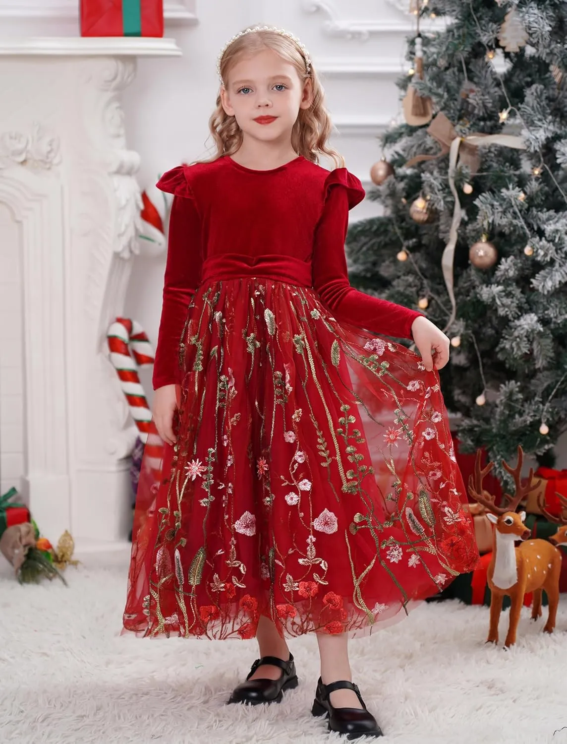 Kids Girls Fall Winter Long Sleeve Velvet Flower Floral Embroidery Ruffle Tulle Tutu Dress Princess Party Dresses