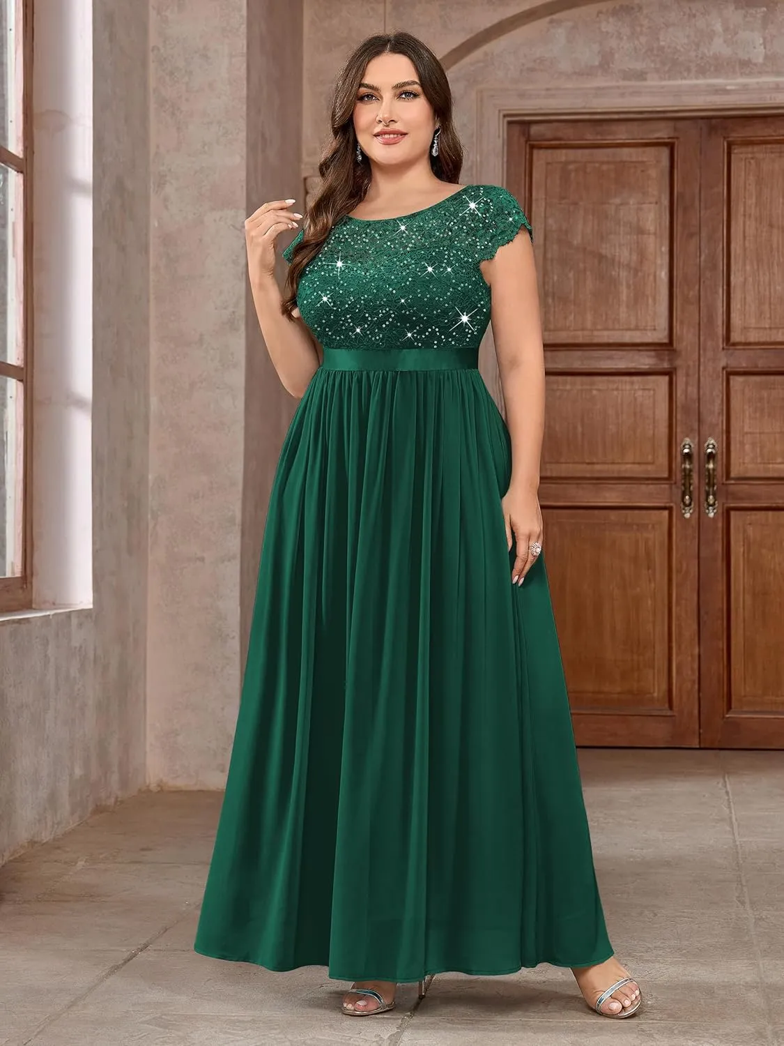 Knitee Women's Plus Size Sequin Floral Lace Formal Bridesmaid Party Flowy Maxi Dress