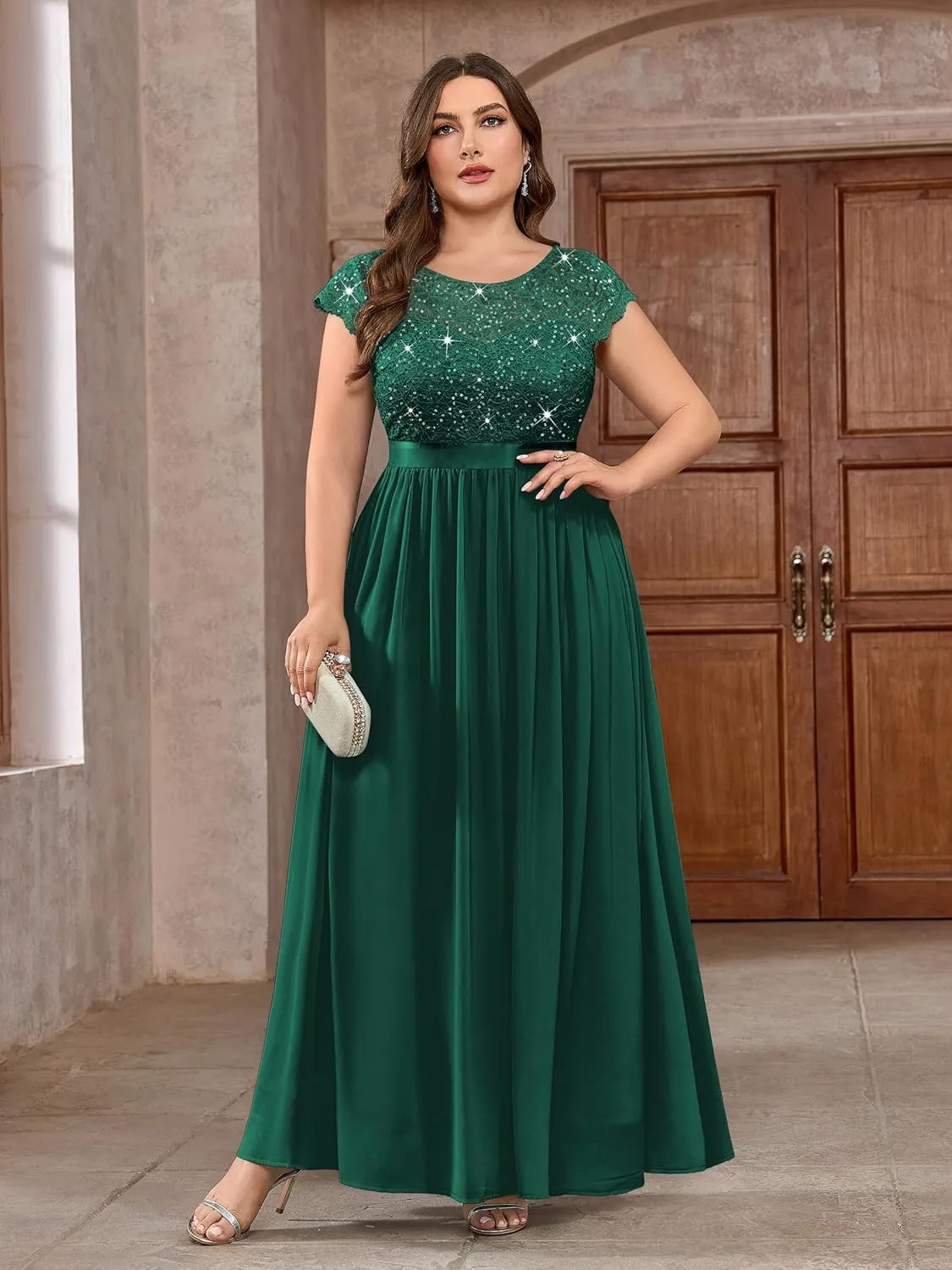 Knitee Women's Plus Size Sequin Floral Lace Formal Bridesmaid Party Flowy Maxi Dress