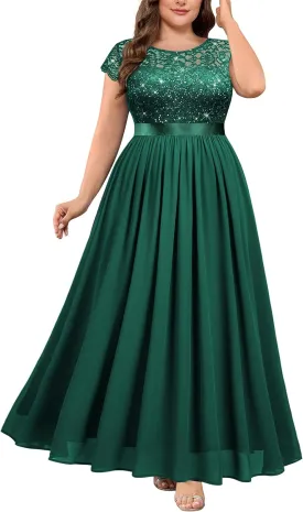 Knitee Women's Plus Size Sequin Floral Lace Formal Bridesmaid Party Flowy Maxi Dress