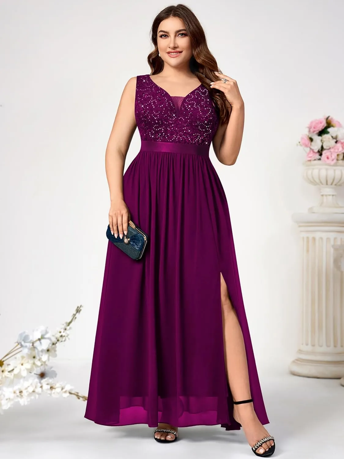 Knitee Women's Plus Size Sequin Lace Deep V-Neck Sleeveless Slit Formal Evening Maxi Dresses