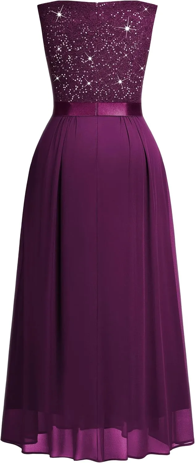 Knitee Women's Plus Size Sequin Lace Deep V-Neck Sleeveless Slit Formal Evening Maxi Dresses