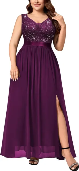Knitee Women's Plus Size Sequin Lace Deep V-Neck Sleeveless Slit Formal Evening Maxi Dresses